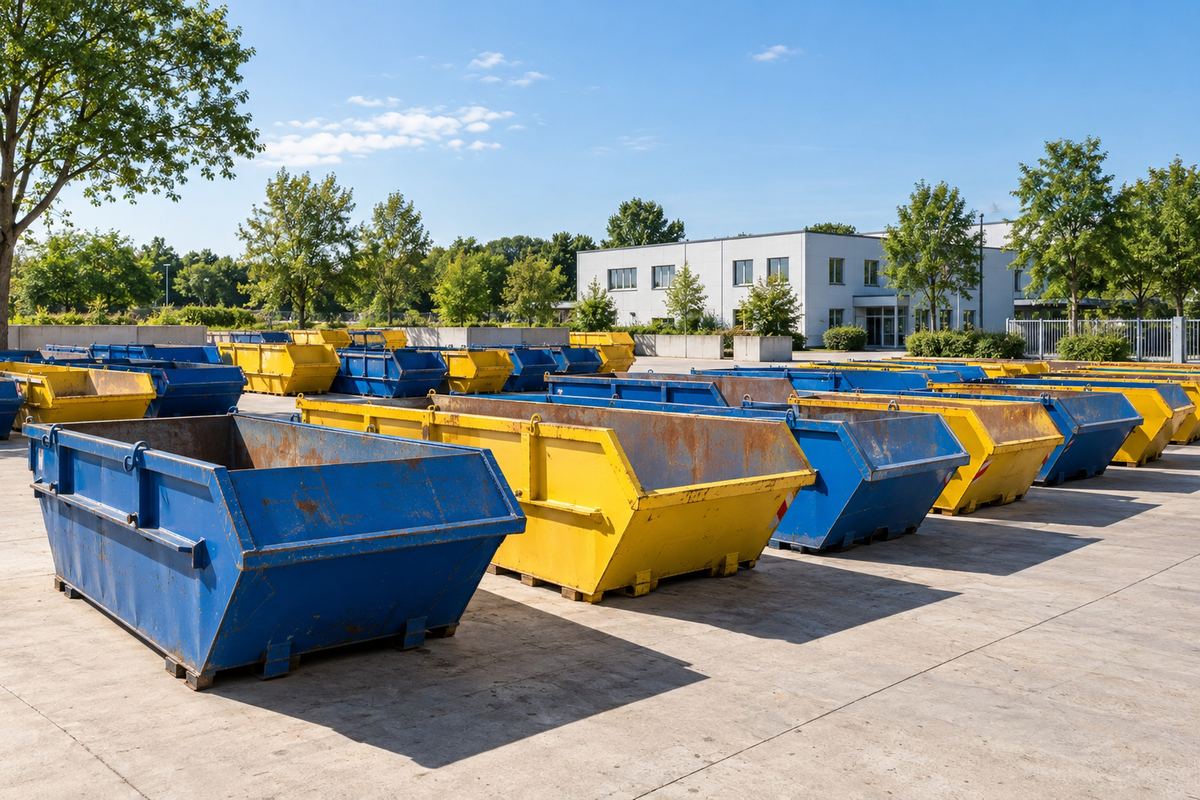 Absetzmulden in Blau und Gelb auf einem Containerhof